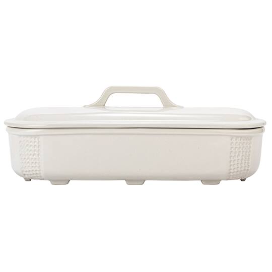 Hello Honey® 15.5" Matte White Oval 2qt. Debossed Stoneware Baking Dish with Lid